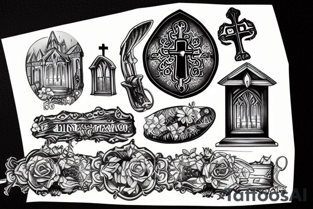 dark realism, 2d, 3d, window church, shield, lily tattoo idea dark realism, 2d, 3d, window church, shield, lily tattoo idea