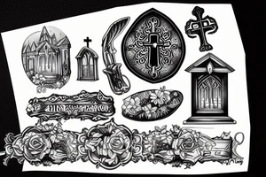 dark realism, 2d, 3d, window church, shield, lily tattoo idea