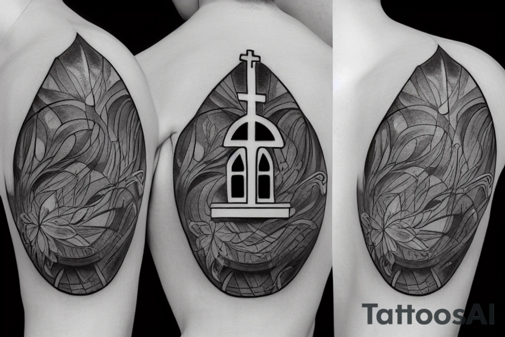 dark realism, 2d, 3d, window church, shield, lily tattoo idea dark realism, 2d, 3d, window church, shield, lily tattoo idea