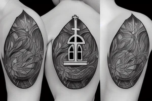 dark realism, 2d, 3d, window church, shield, lily tattoo idea