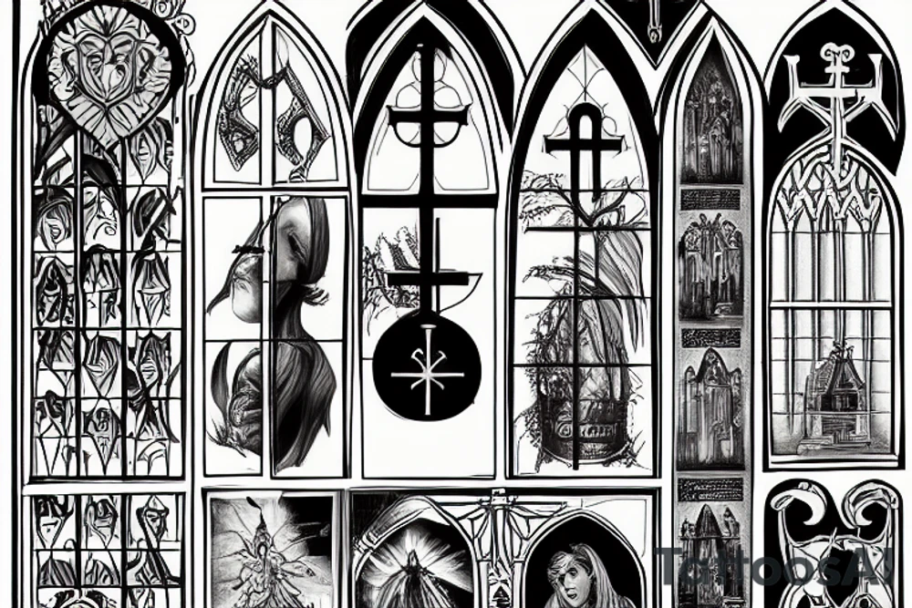 2d, 3d, sustained window church, shield, lily, dark tattoo idea