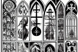 2d, 3d, sustained window church, shield, lily, dark tattoo idea