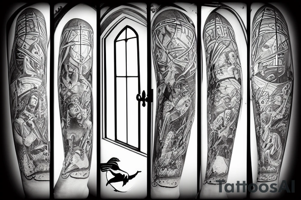 2d, 3d, sustained window church, shield, lily, dark tattoo idea