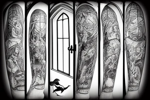 2d, 3d, sustained window church, shield, lily, dark tattoo idea