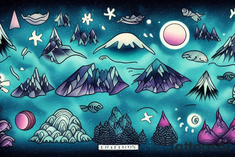 Underwater beach forest mountain night sky tattoo idea