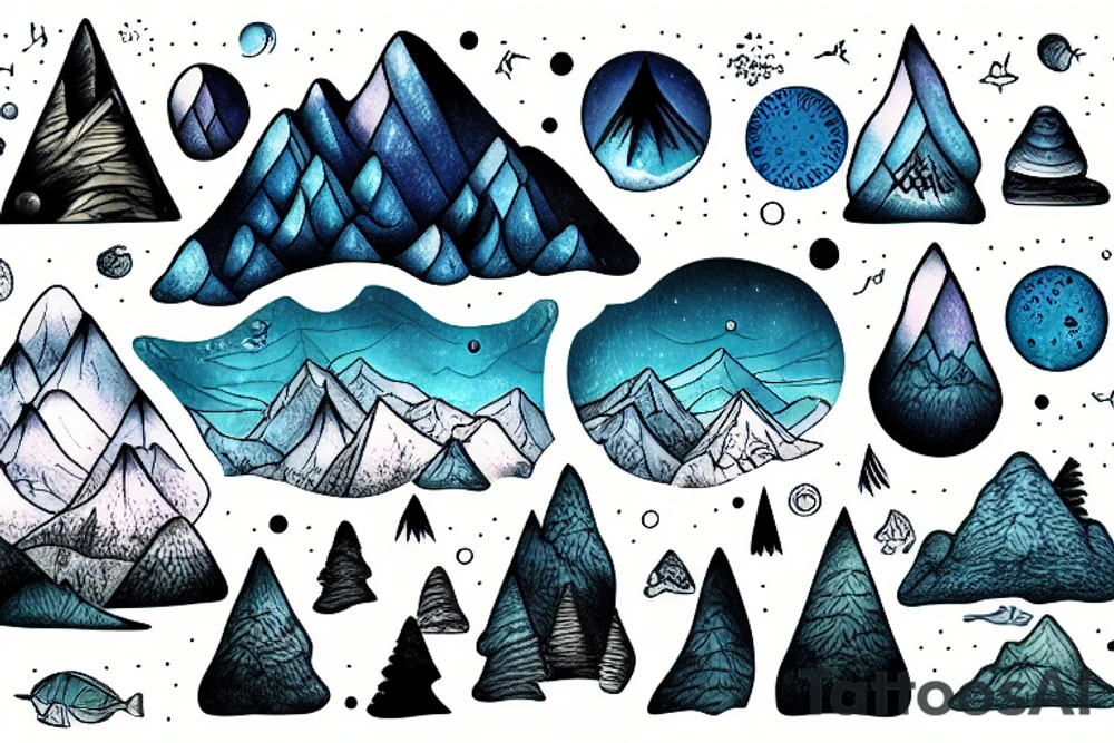 Underwater beach forest mountain night sky tattoo idea