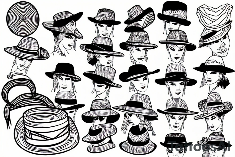 Ancient straw hat with a band and piece of paper tucked into it tattoo idea