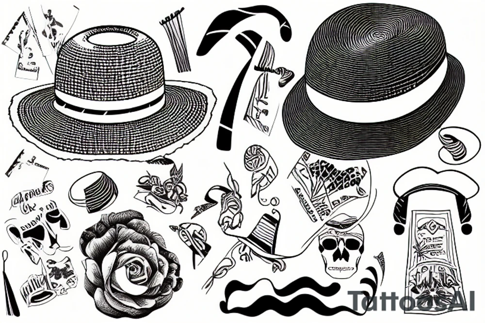 Ancient straw hat with a band and piece of paper tucked into it tattoo idea