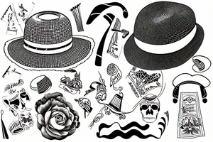Ancient straw hat with a band and piece of paper tucked into it tattoo idea
