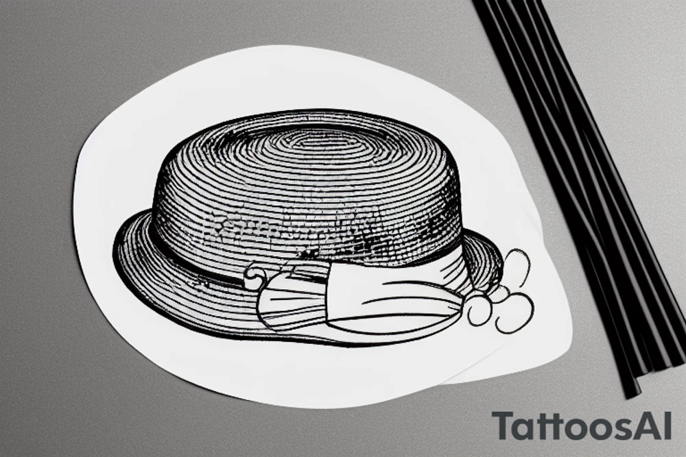 Ancient circular straw hat with a band and piece of paper tucked into it tattoo idea