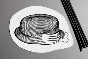 Ancient circular straw hat with a band and piece of paper tucked into it tattoo idea