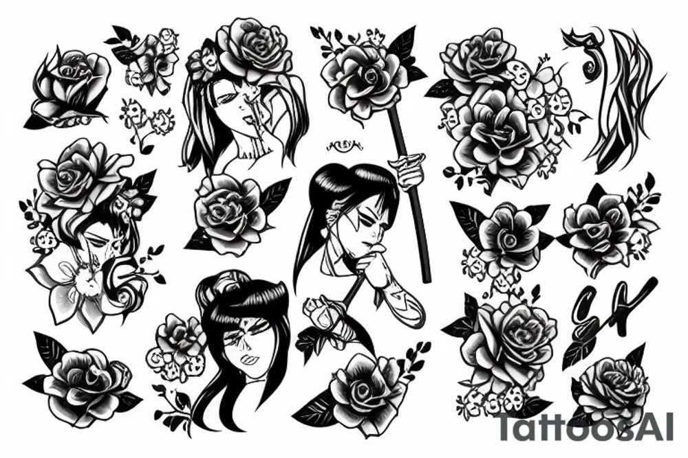 katana with flowers coming from thje handle tattoo idea