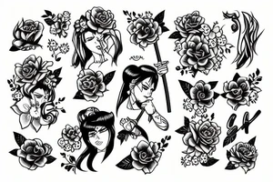 katana with flowers coming from thje handle tattoo idea