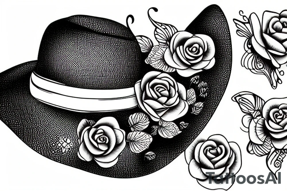 a butterfly with a hat on a rose tattoo idea