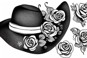 a butterfly with a hat on a rose tattoo idea