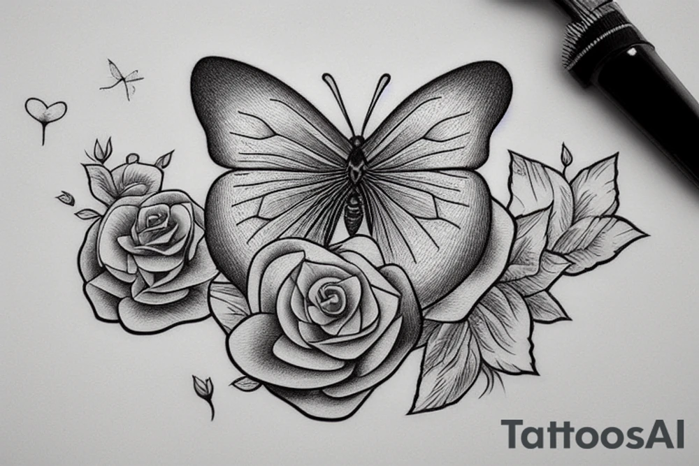 a butterfly with a hat on a rose tattoo idea