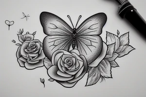 a butterfly with a hat on a rose tattoo idea