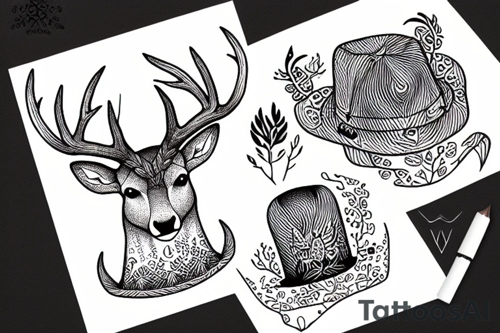 a deer with a hat with fire tattoo idea