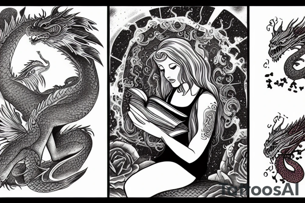 Woman reading a book with a dragon in space tattoo idea