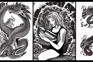 Woman reading a book with a dragon in space tattoo idea