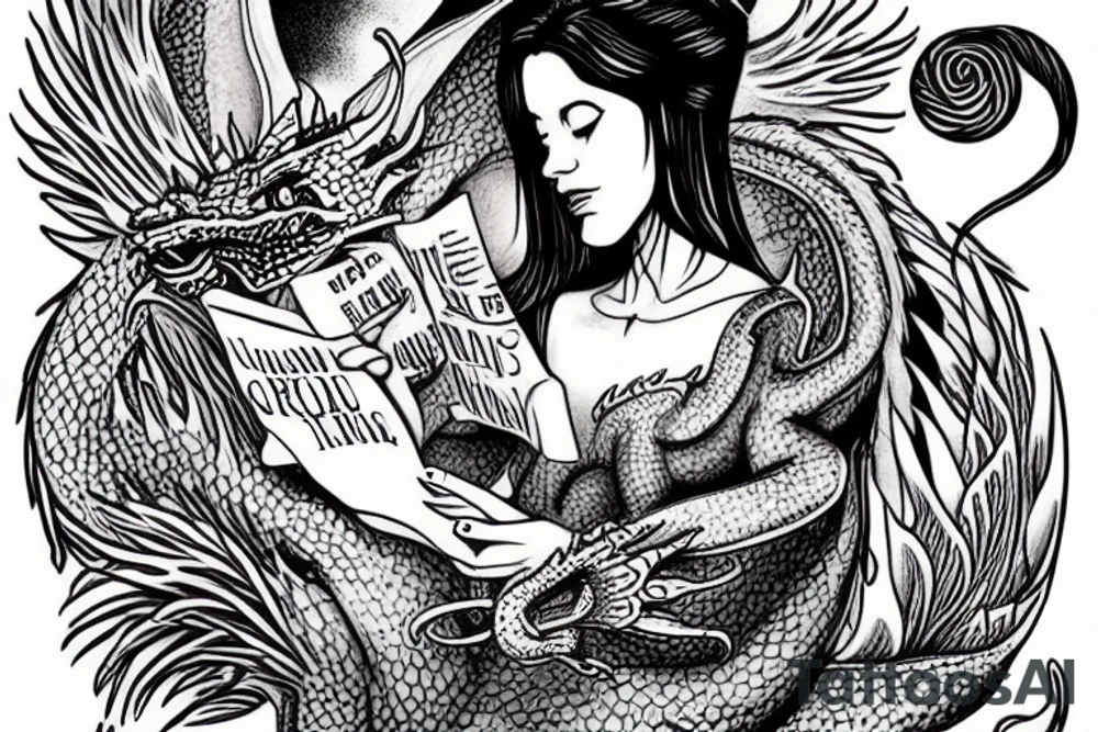 Woman reading a book with a dragon in space tattoo idea