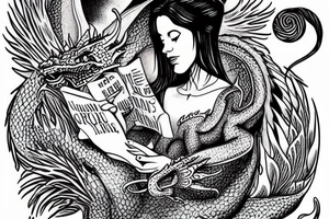 Woman reading a book with a dragon in space tattoo idea