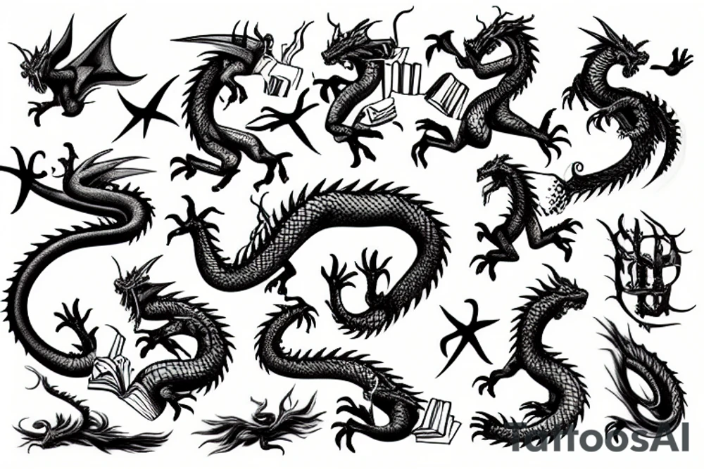 Dragon surrounded by books tattoo idea