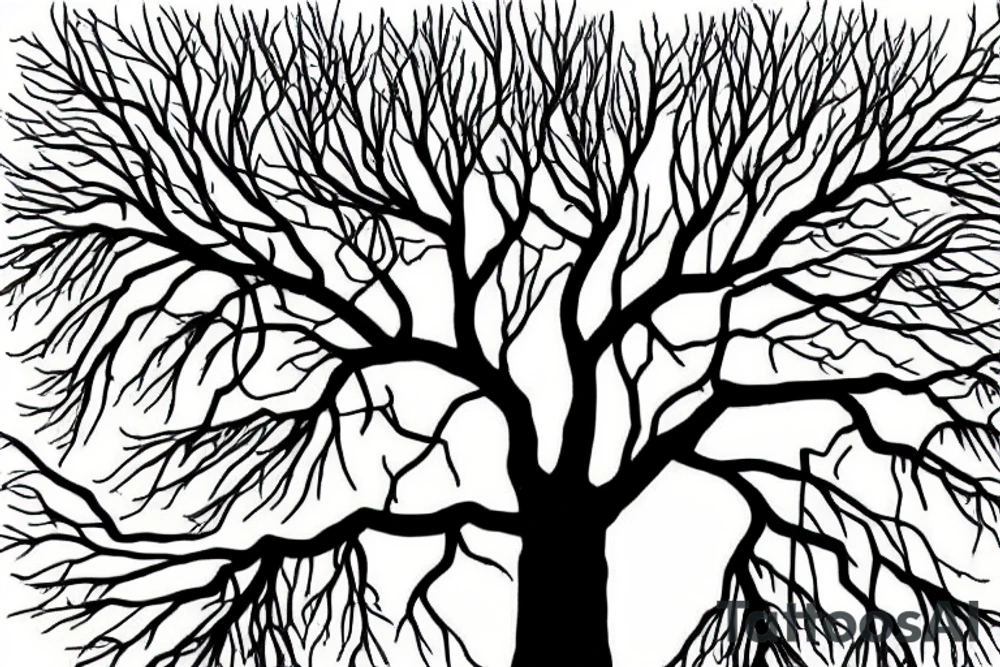 A tree reaching out, you can see some roots too, The words hineni worked into the picture tattoo idea