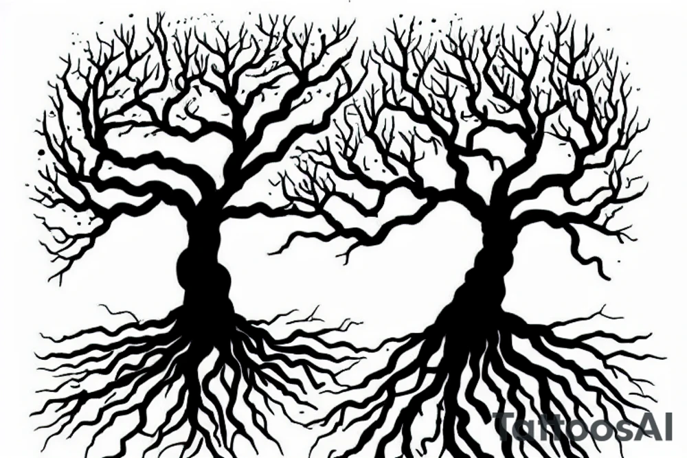 A small tree reaching out, you can see some roots too. The words Hineni are engraved on the tree. tattoo idea