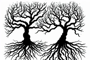 A small tree reaching out, you can see some roots too. The words Hineni are engraved on the tree. tattoo idea