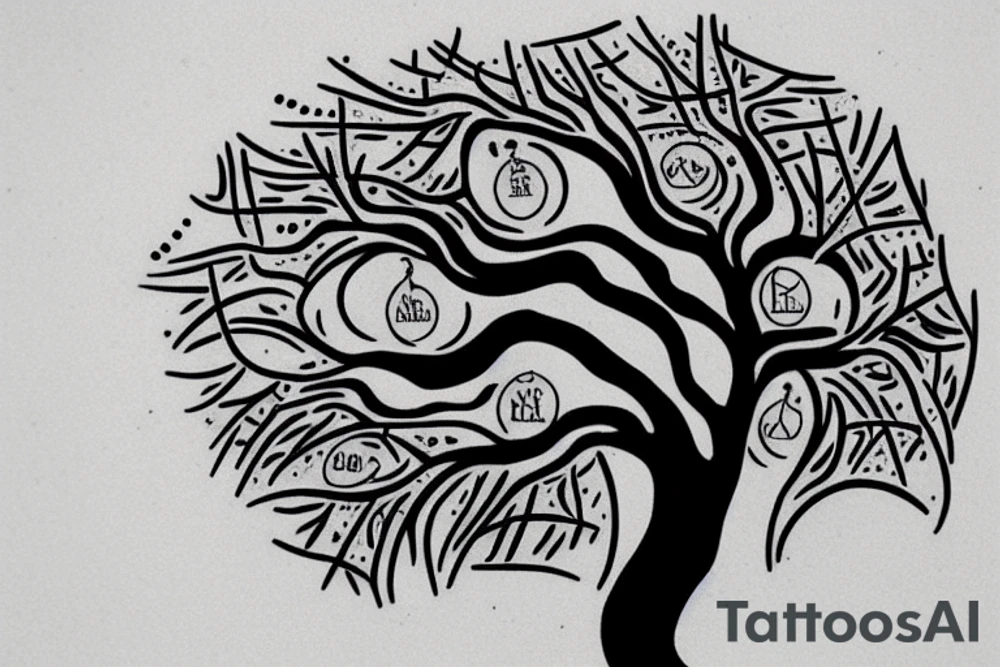A small tree reaching out, you can see some roots too. The words Hineni are engraved on the tree. tattoo idea