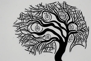 A small tree reaching out, you can see some roots too. The words Hineni are engraved on the tree. tattoo idea