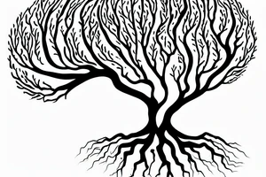A small tree reaching out, you can see some roots too. The words Hineni are engraved on the tree. tattoo idea
