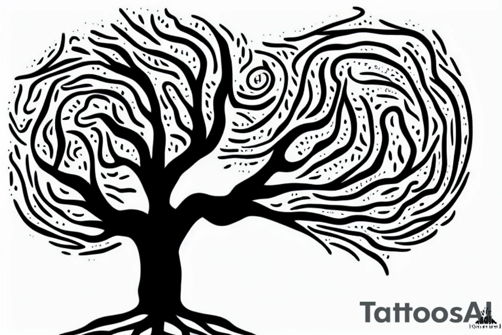 A small tree reaching out, you can see some roots too. The words Hineni are engraved on the tree. tattoo idea