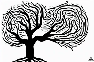 A small tree reaching out, you can see some roots too. The words Hineni are engraved on the tree. tattoo idea