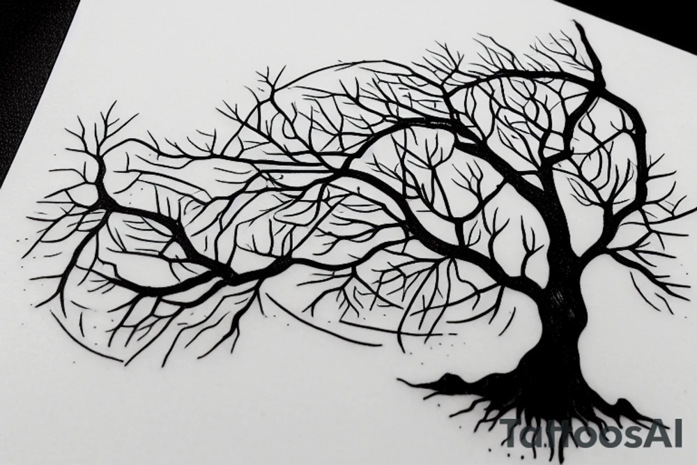 A small tree with only a few branches reaching out, you can see some roots too. The words Hineni are engraved on the tree. tattoo idea