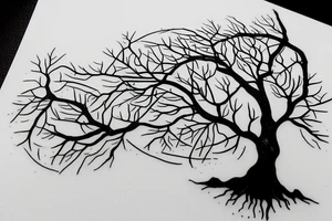 A small tree with only a few branches reaching out, you can see some roots too. The words Hineni are engraved on the tree. tattoo idea