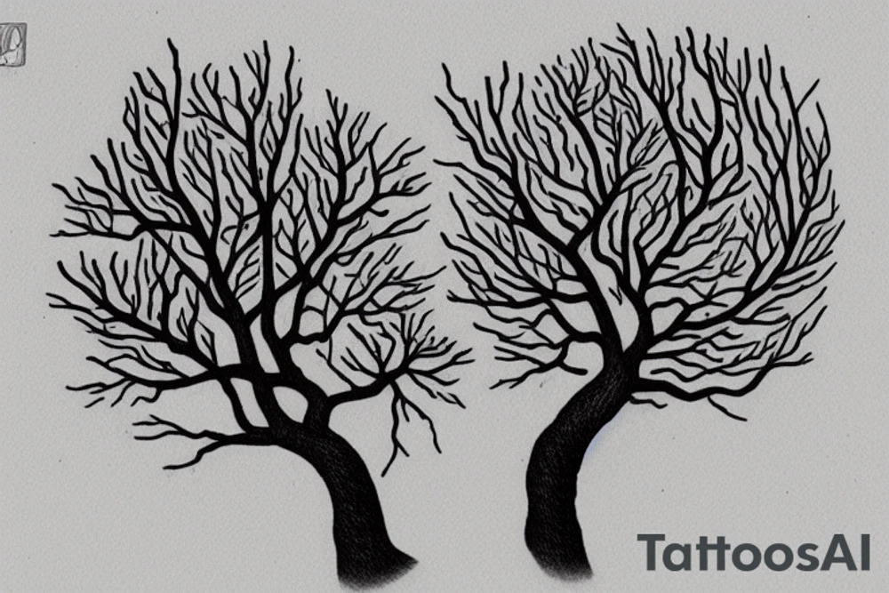 A small tree with only a few branches reaching out, you can see some roots too. The words Hineni are engraved on the tree. tattoo idea