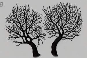 A small tree with only a few branches reaching out, you can see some roots too. The words Hineni are engraved on the tree. tattoo idea