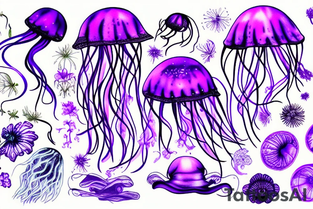 Jellyfish, jasmine flower, wildflowers, purple ultraviolet light, mechanical, master tattoo idea