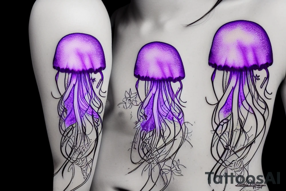 Jellyfish, jasmine flower, wildflowers, purple ultraviolet light, mechanical, master tattoo idea