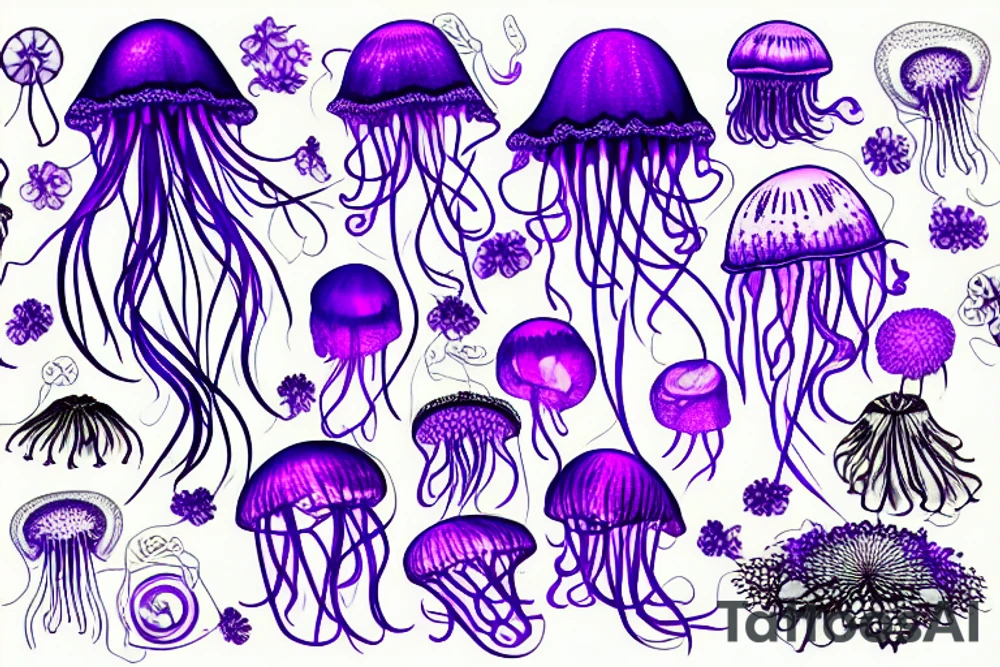 Jellyfish, jasmine flower, wildflowers, purple ultraviolet light, mechanical, master tattoo idea