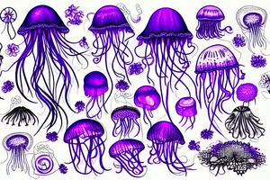 Jellyfish, jasmine flower, wildflowers, purple ultraviolet light, mechanical, master tattoo idea