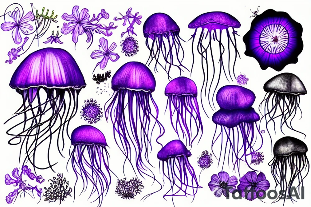 Jellyfish, jasmine flower, wildflowers, purple ultraviolet light, mechanical, master tattoo idea