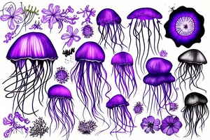 Jellyfish, jasmine flower, wildflowers, purple ultraviolet light, mechanical, master tattoo idea