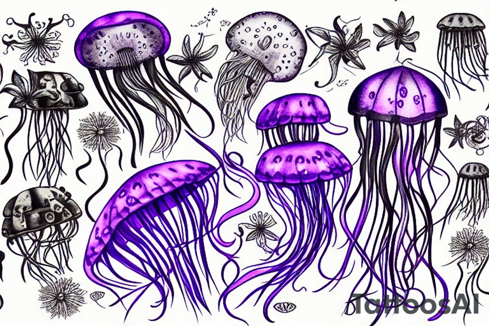 Jellyfish, jasmine flower, wildflowers, purple ultraviolet light, mechanical, master, tentacles, cogs tattoo idea