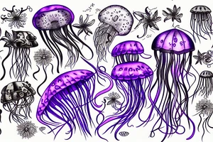 Jellyfish, jasmine flower, wildflowers, purple ultraviolet light, mechanical, master, tentacles, cogs tattoo idea