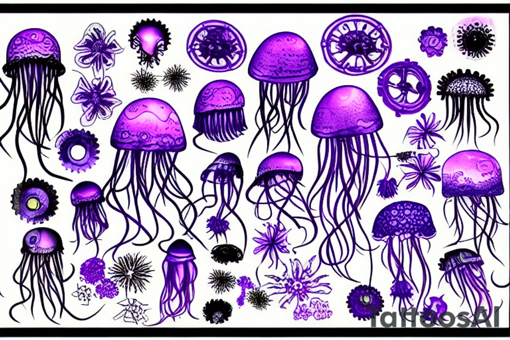 Jellyfish, jasmine flower, wildflowers, purple ultraviolet light, mechanical, master, tentacles, cogs tattoo idea
