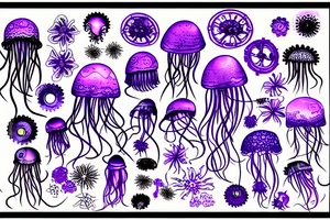 Jellyfish, jasmine flower, wildflowers, purple ultraviolet light, mechanical, master, tentacles, cogs tattoo idea