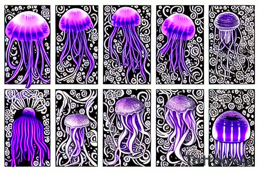 Jellyfish, jasmine flower, wildflowers, purple ultraviolet light, mechanical, master, tentacles, cogs, close up tattoo idea